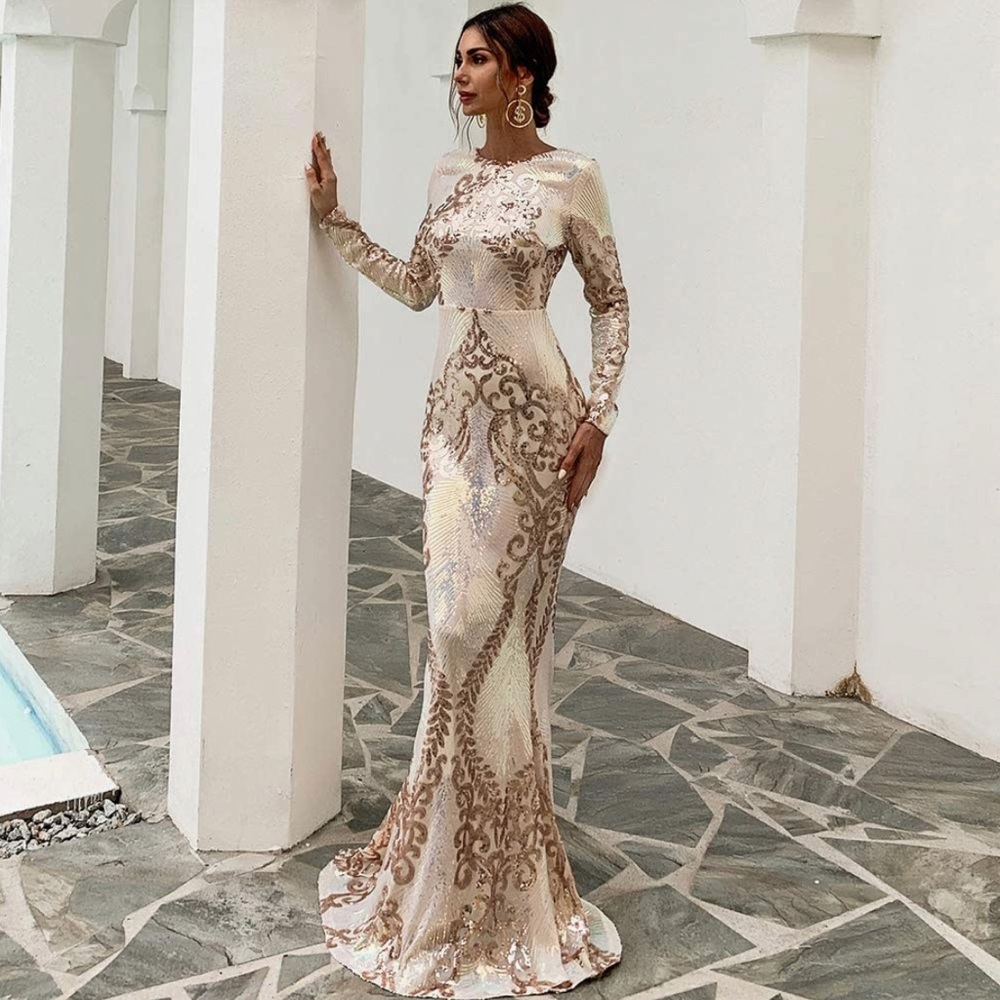 Long Sleeve Backless Sequin Gown